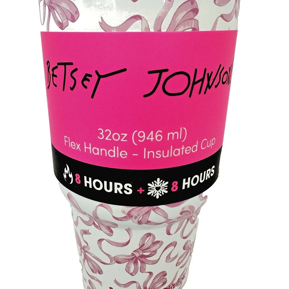 Betsey Johnson Pink Bow 32 oz Insulated Tumbler Flip Straw Handle Coquette Cup